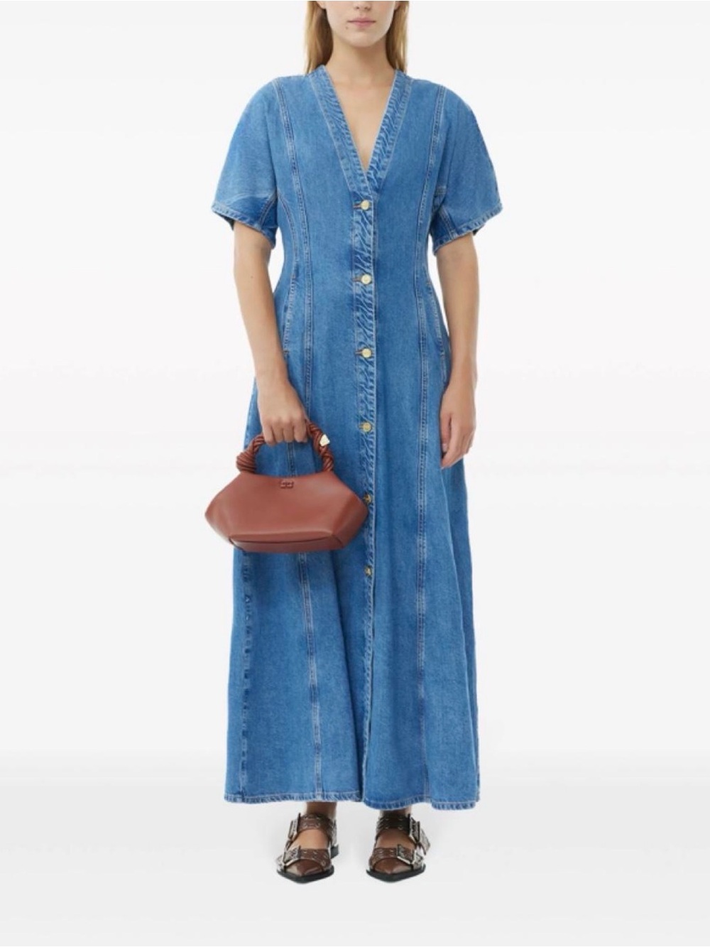 Ganni Blue Denim Button-Front Maxi Dress